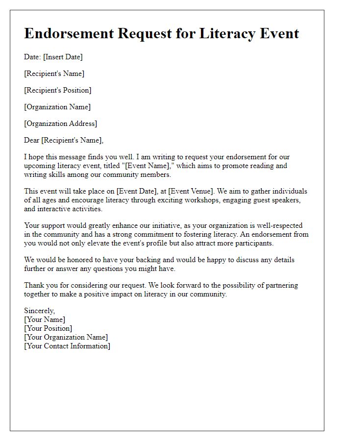 Letter template of endorsement request for literacy events