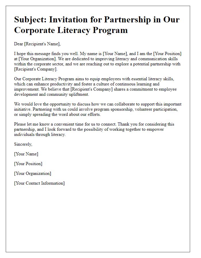 Letter template of outreach for corporate literacy program backing