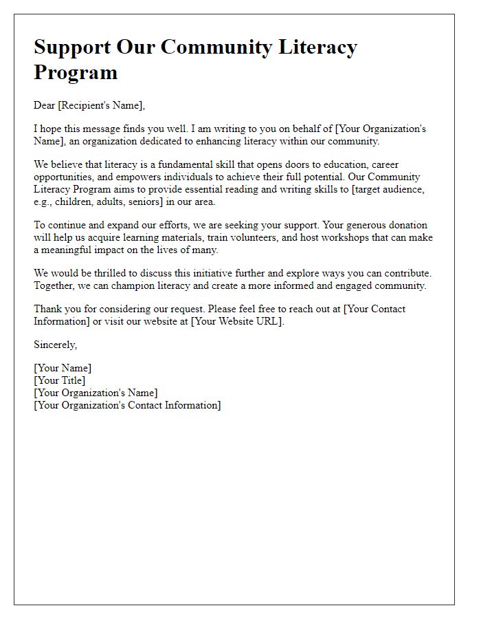 Letter template of support solicitation for community literacy program