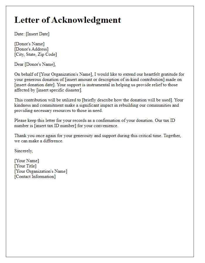 Letter template of acknowledgment for disaster relief donations