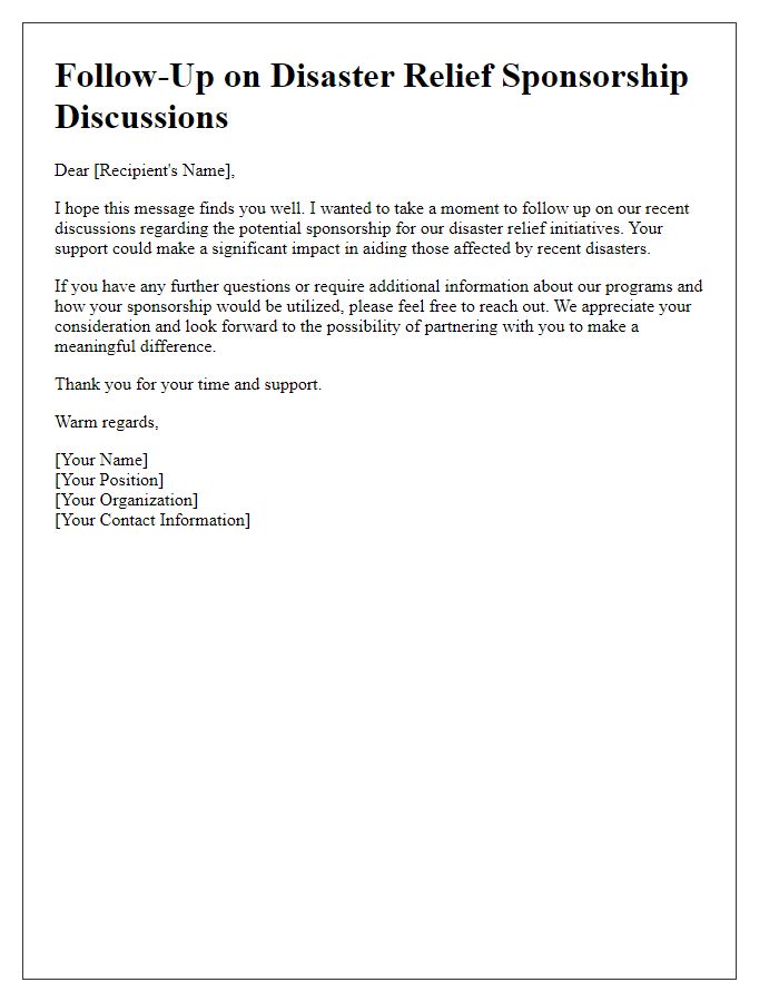 Letter template of follow-up for disaster relief sponsorship discussions