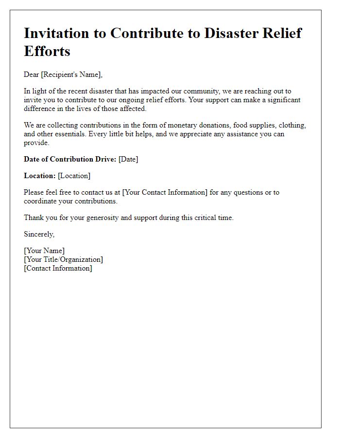 Letter template of invitation for disaster relief contributions