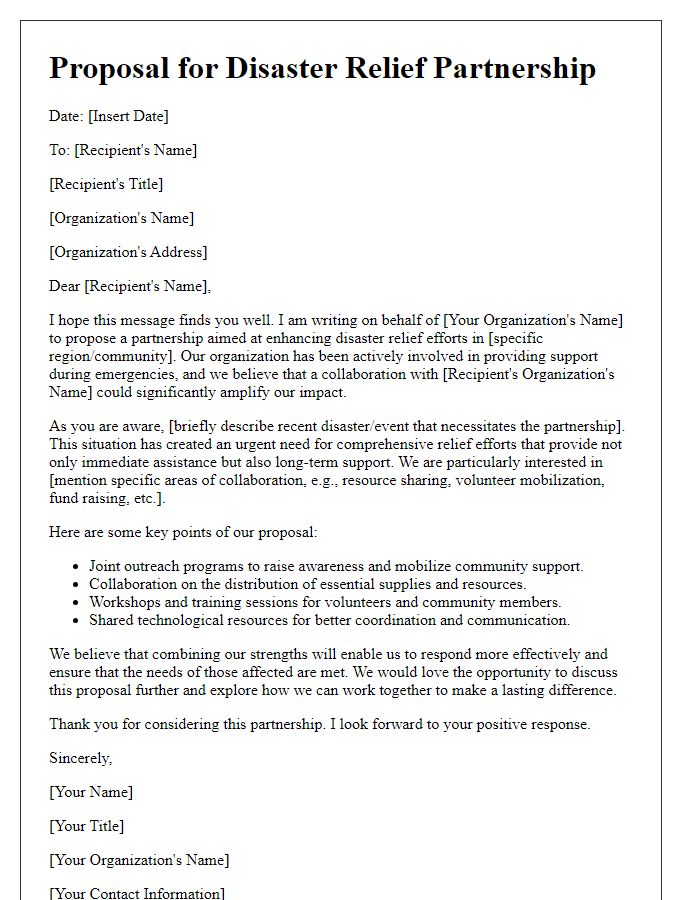 Letter template of proposal for disaster relief partnership