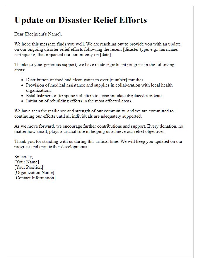 Letter template of update on disaster relief efforts