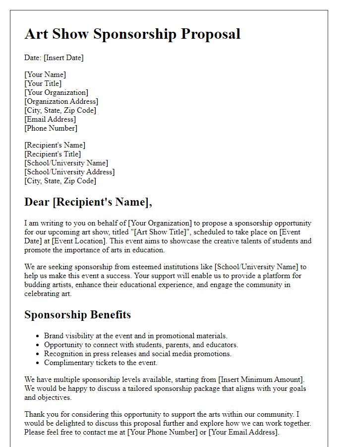 Letter template of art show sponsorship proposal for schools and universities