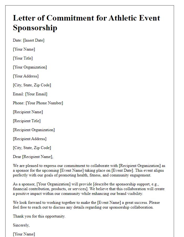 Letter template of commitment to athletic event sponsorship collaboration