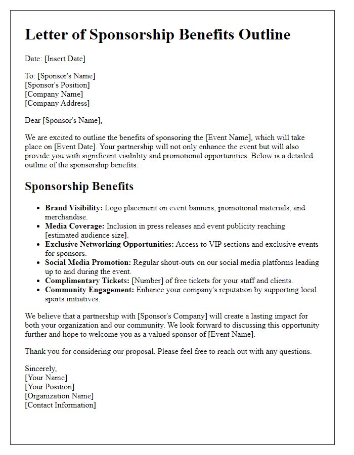 Letter template of sponsorship benefits outline for sports events