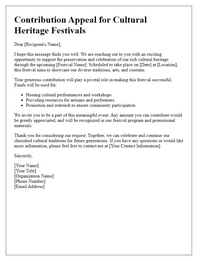 Letter template of Contribution Appeal for Cultural Heritage Festivals