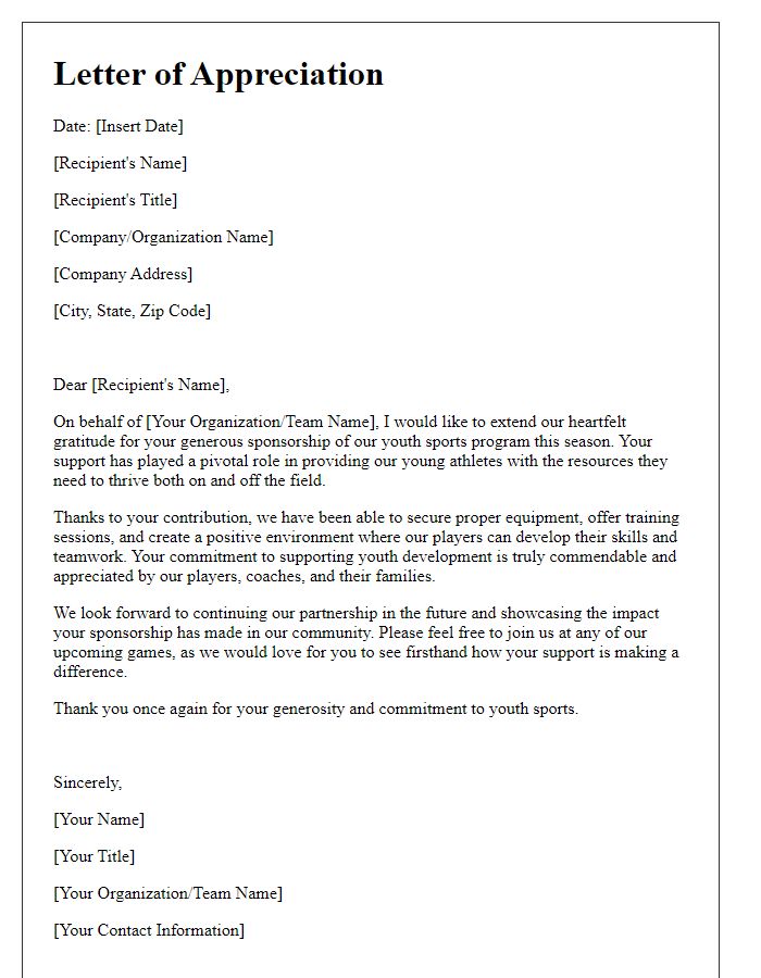 Letter template of appreciation for youth sports sponsorship