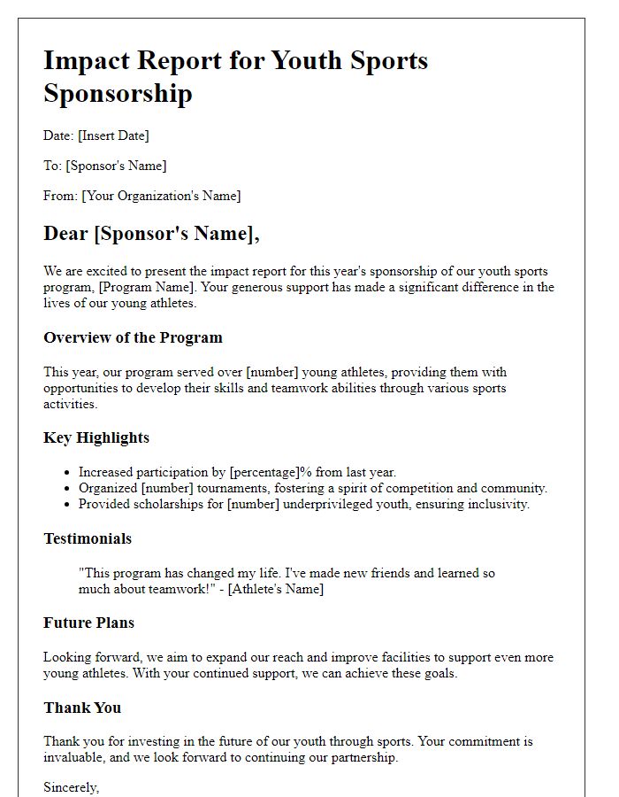 Letter template of impact report for youth sports sponsorship