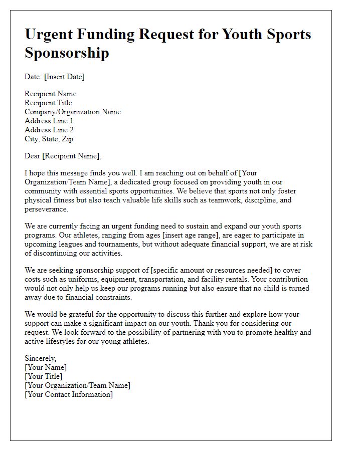 Letter template of urgent funding need for youth sports sponsorship