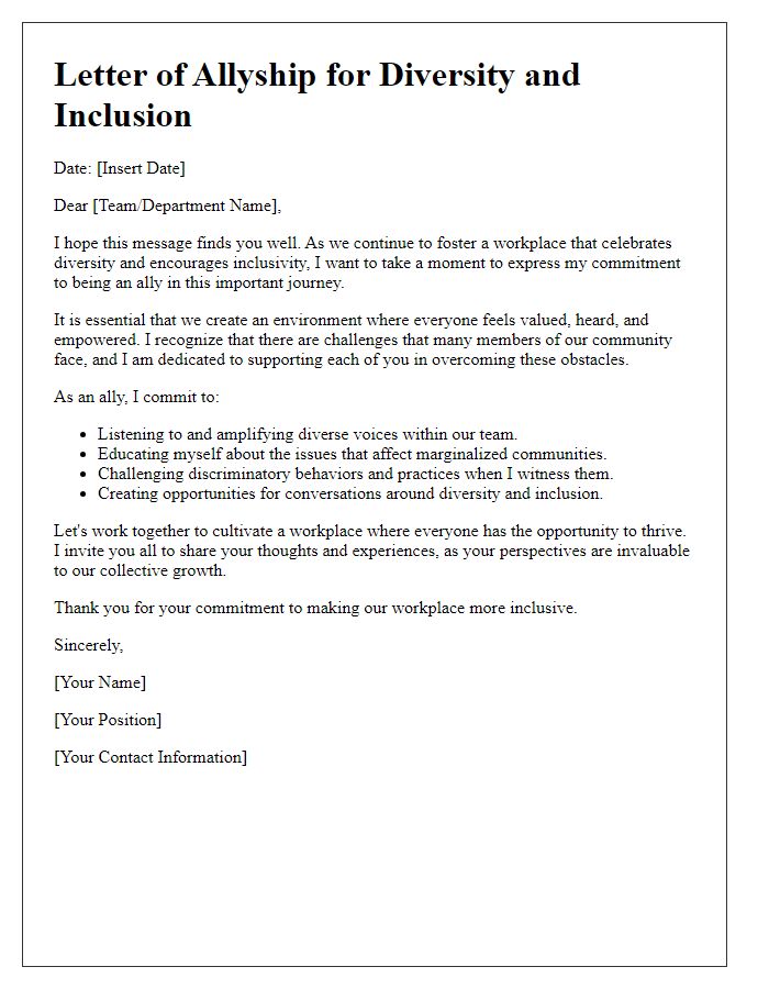 Letter template of allyship for diversity and inclusion in the workplace