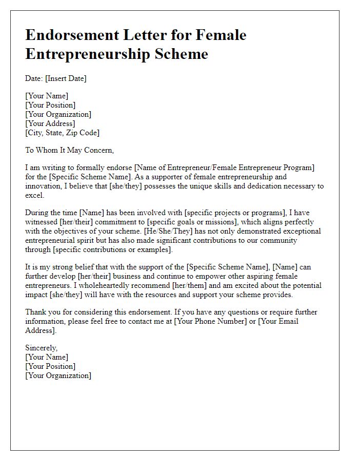 Letter template of endorsement for female entrepreneurship schemes