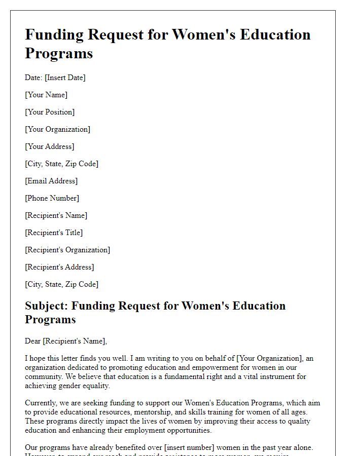 Letter template of funding request for womens education programs