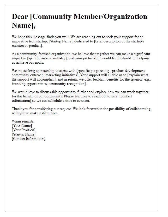 Letter template of appeal for community support for tech startup sponsorship