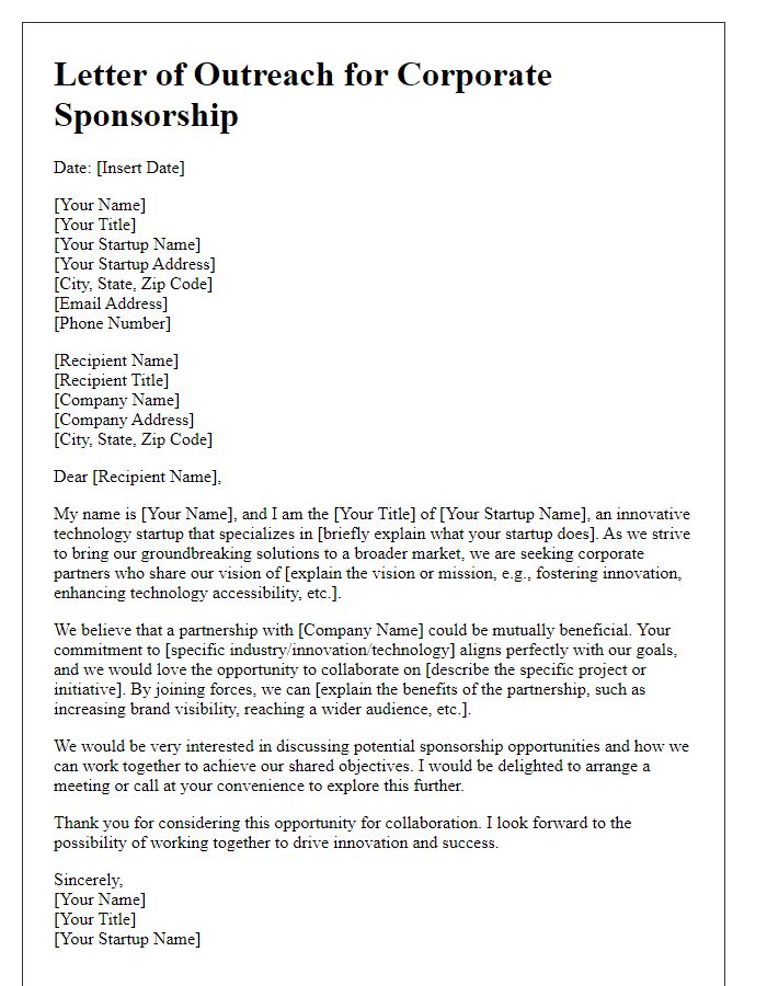 Letter template of outreach for technology startup corporate sponsorship