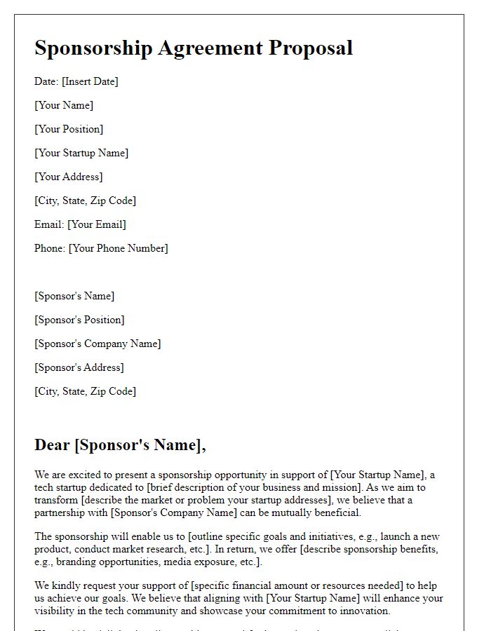 Letter template of sponsorship agreement proposal for tech startup initiatives