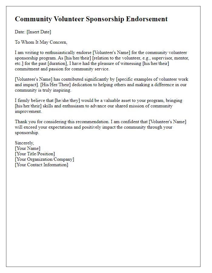 Letter template of endorsement for community volunteer sponsorship.