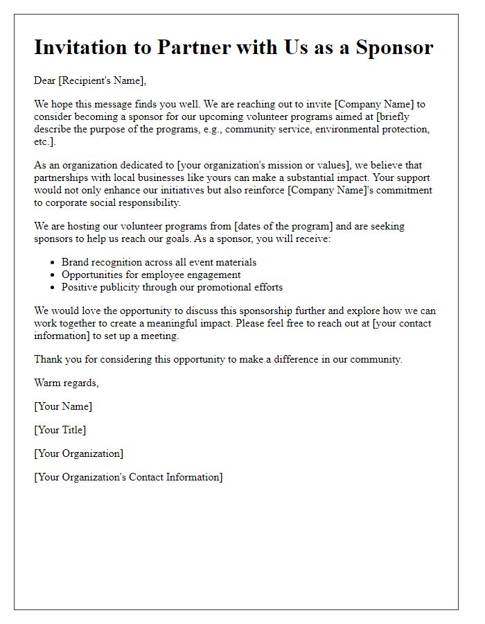 Letter template of invitation for businesses to sponsor volunteer programs.