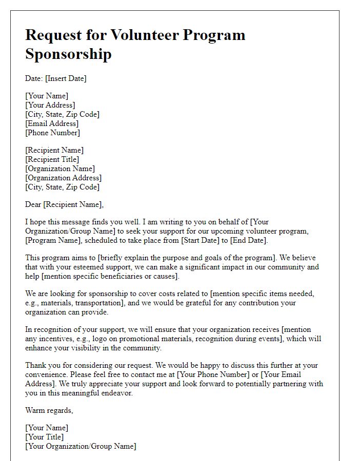 Letter template of request for volunteer program sponsorship.