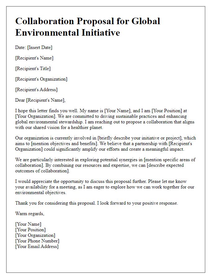 Letter template of collaboration proposal for global environmental initiative.