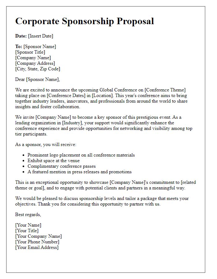 Letter template of corporate sponsorship proposal for global conference.