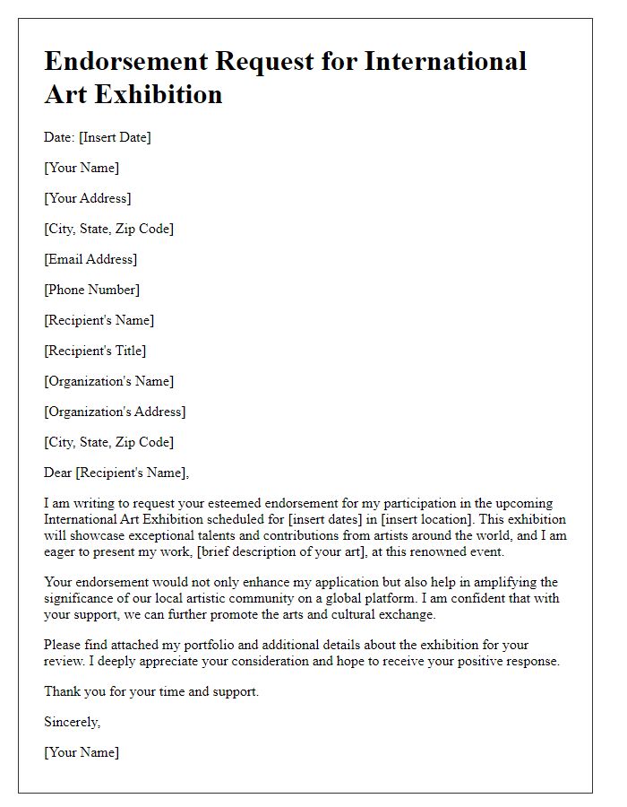 Letter template of endorsement request for international art exhibition.