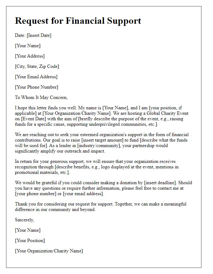 Letter template of financial support request for global charity event.