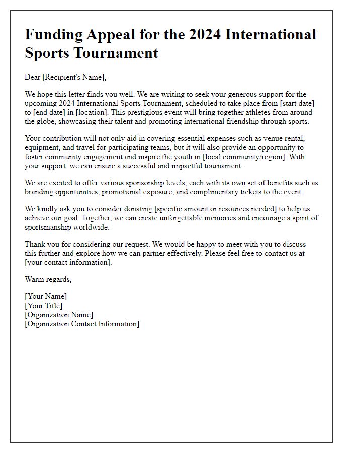 Letter template of funding appeal for international sports tournament.