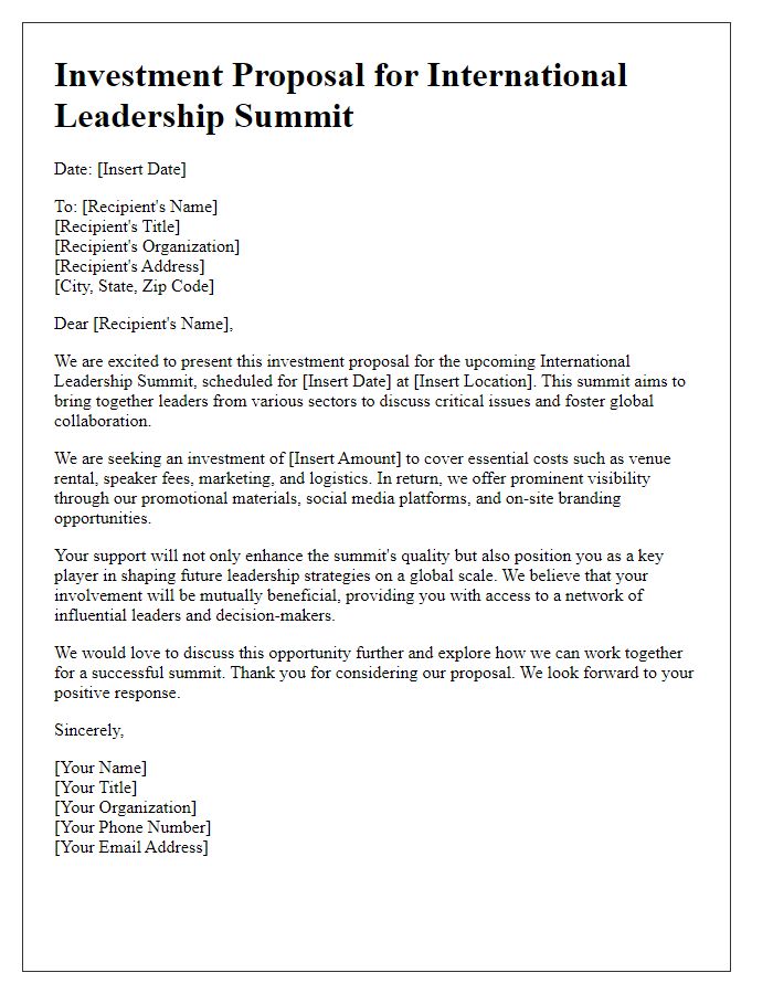 Letter template of investment proposal for international leadership summit.