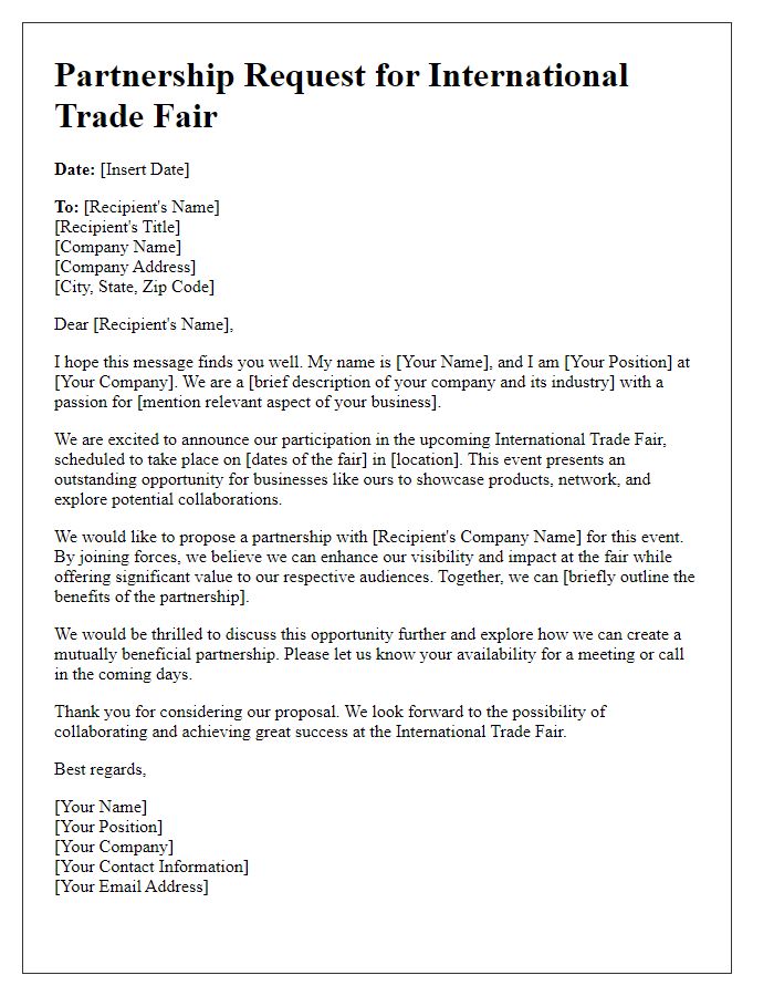 Letter template of partnership request for international trade fair.