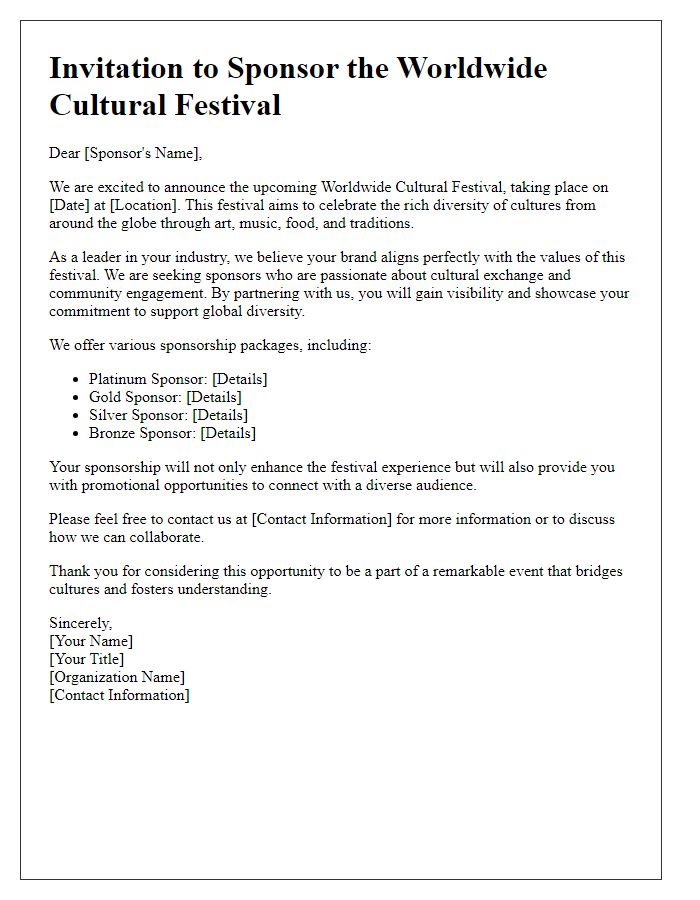 Letter template of sponsorship invitation for worldwide cultural festival.