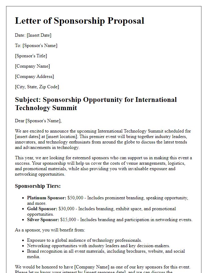 Letter template of sponsorship outline for international technology summit.