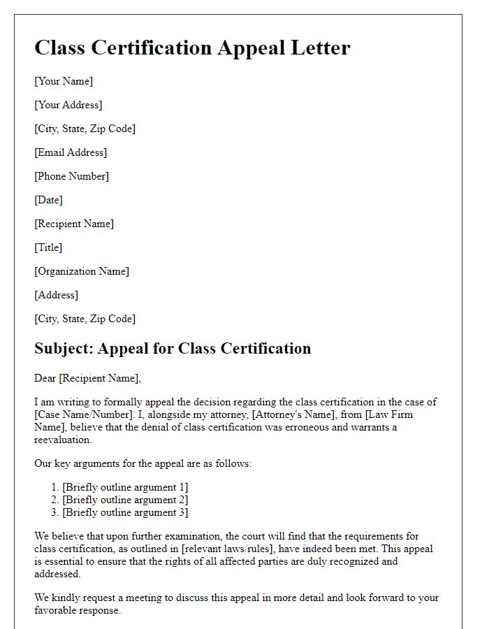 Letter template of class certification appeal with attorney representation