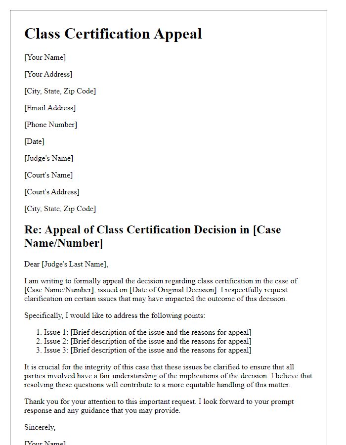 Letter template of class certification appeal for clarification of issues