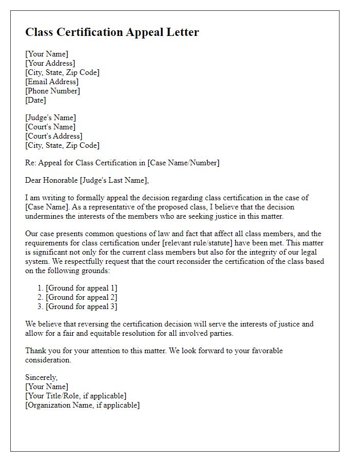 Letter template of class certification appeal for settlement