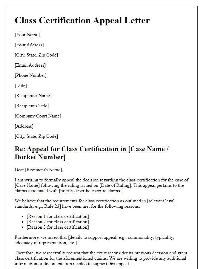 Letter template of class certification appeal for specific claims