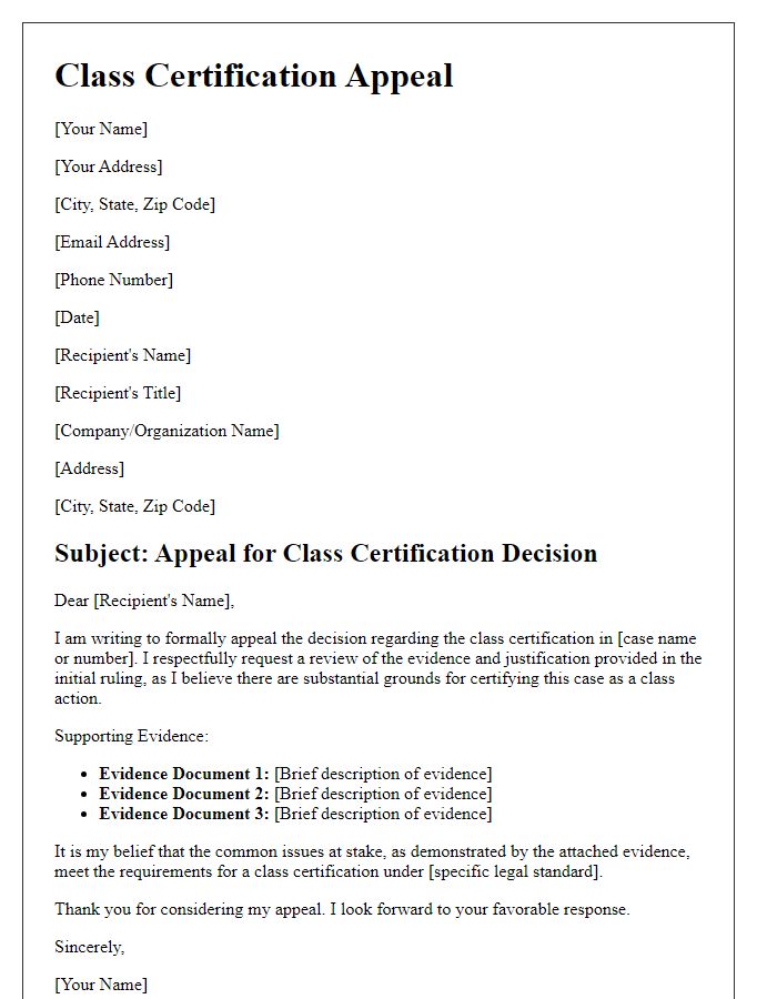 Letter template of class certification appeal with supporting evidence