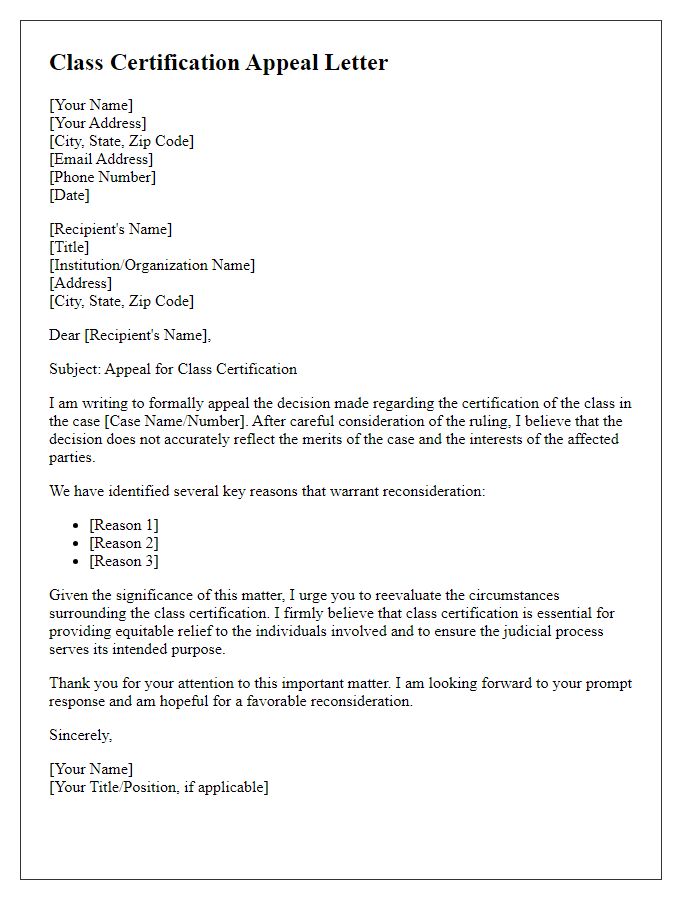 Letter template of formal class certification appeal