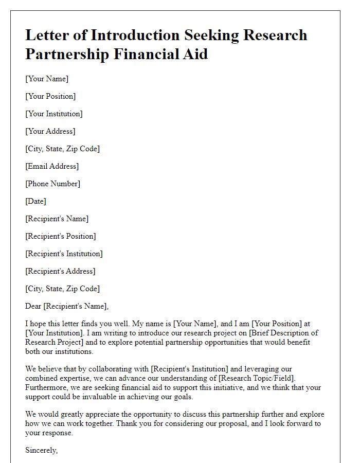 Letter template of introduction seeking research partnership financial aid