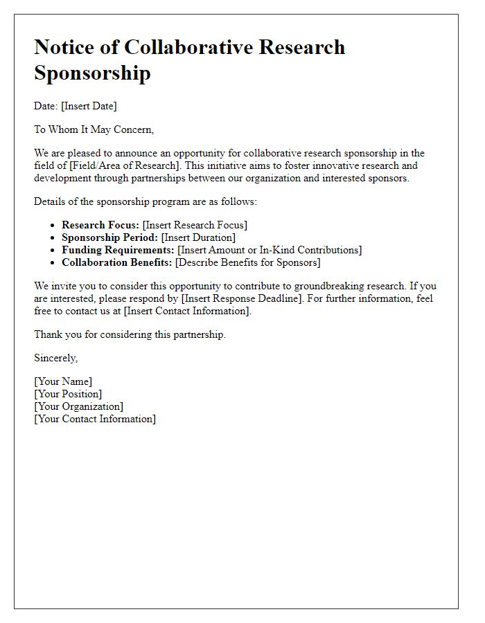 Letter template of notice for collaborative research sponsorship