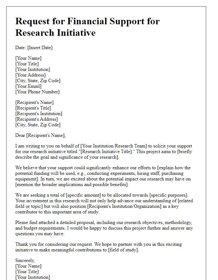 Letter template of solicitation for financial support in research initiatives