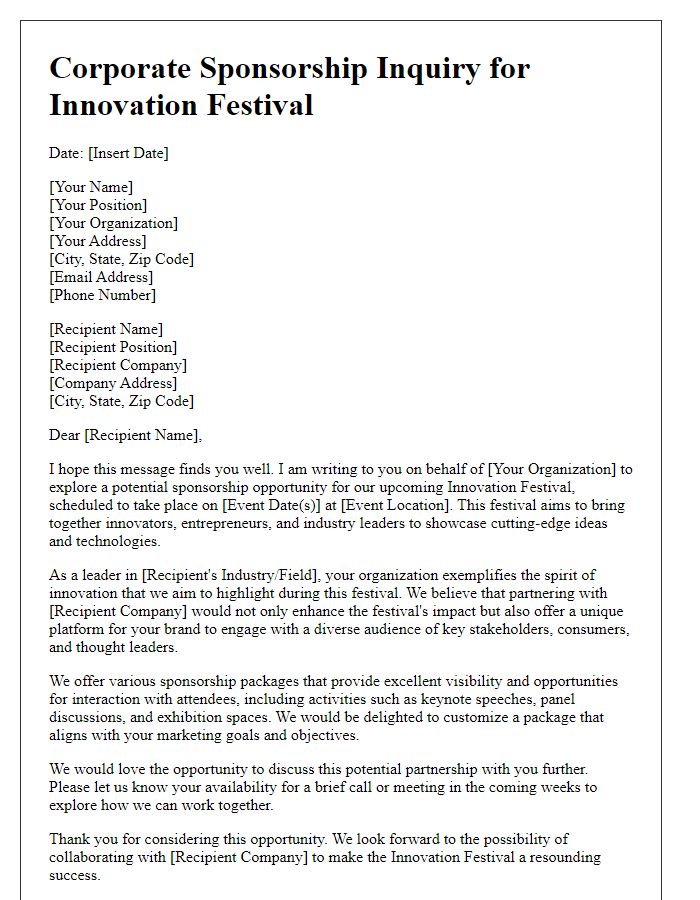 Letter template of corporate sponsorship inquiry for innovation festival