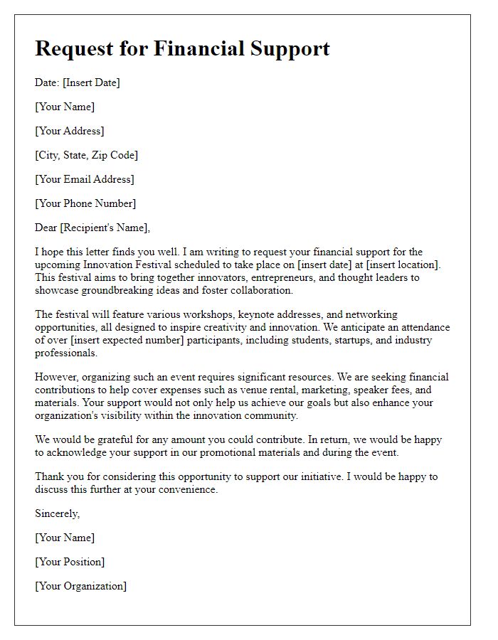 Letter template of financial support appeal for innovation festival