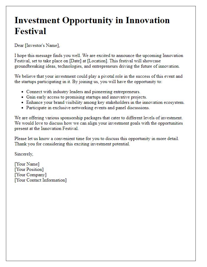 Letter template of investment opportunity in innovation festival