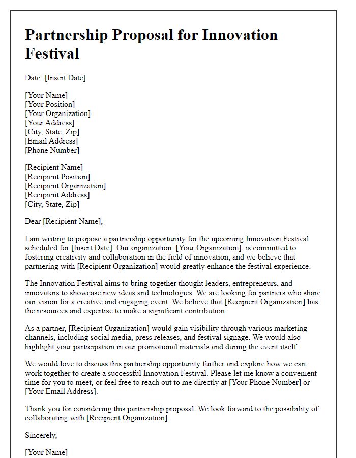 Letter template of partnership proposal for innovation festival