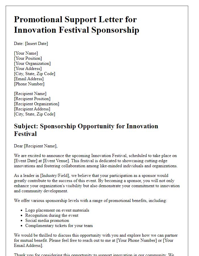 Letter template of promotional support for innovation festival sponsorship