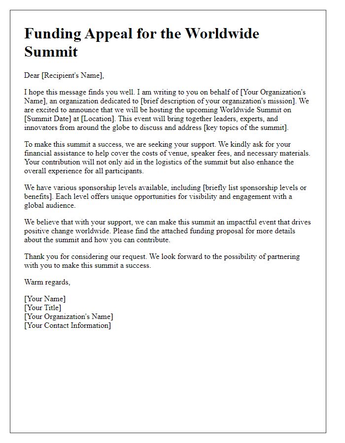 Letter template of funding appeal for worldwide summit.