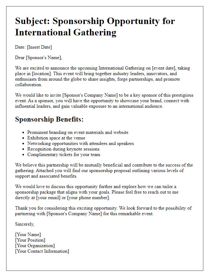 Letter template of sponsorship engagement for international gathering.