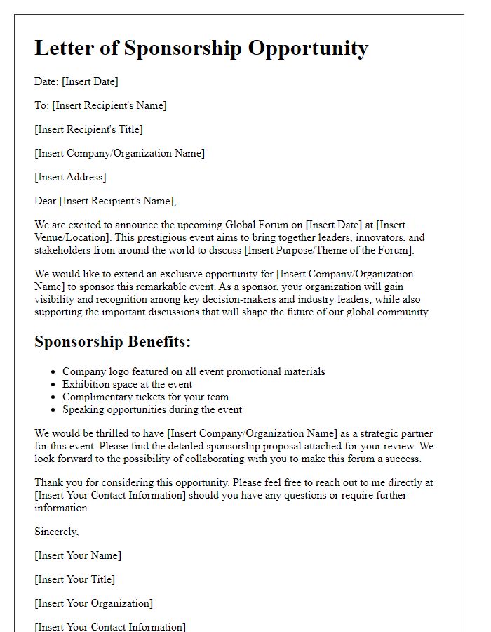 Letter template of sponsorship opportunity for global forum.